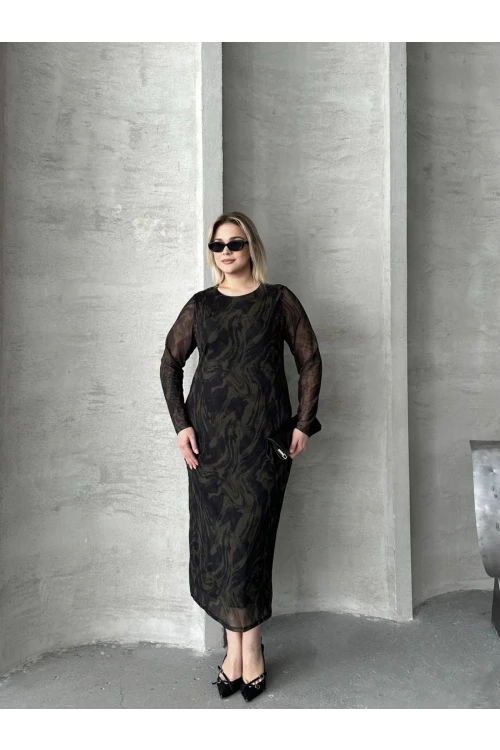 Büyük Beden Uzun Tül Kol Astarlı Mesh Midi Elbise 216292