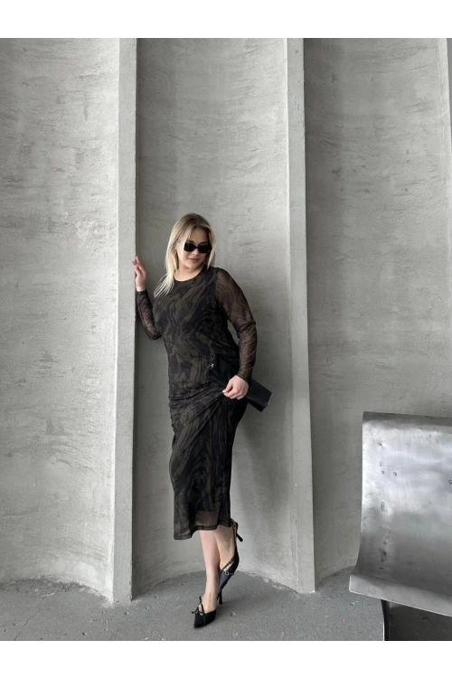 Büyük Beden Uzun Tül Kol Astarlı Mesh Midi Elbise 216292