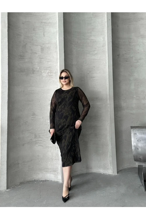 Büyük Beden Uzun Tül Kol Astarlı Mesh Midi Elbise 216292