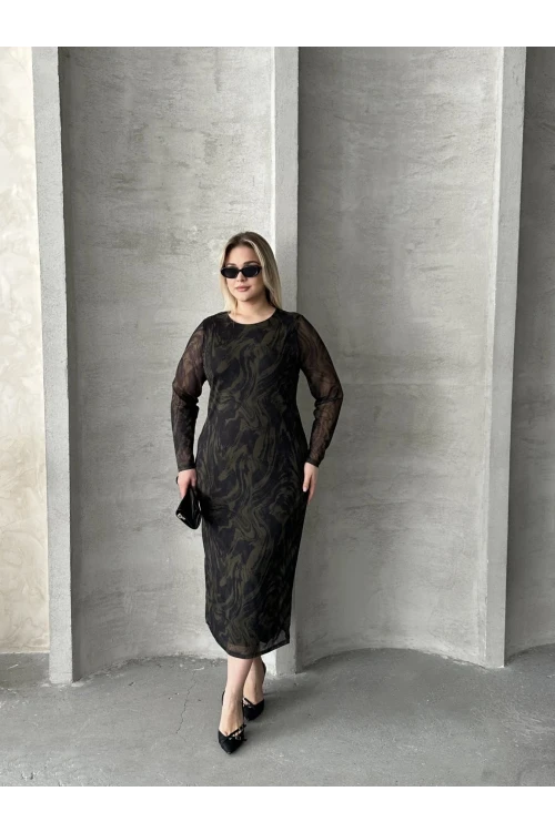 Büyük Beden Uzun Tül Kol Astarlı Mesh Midi Elbise 216292