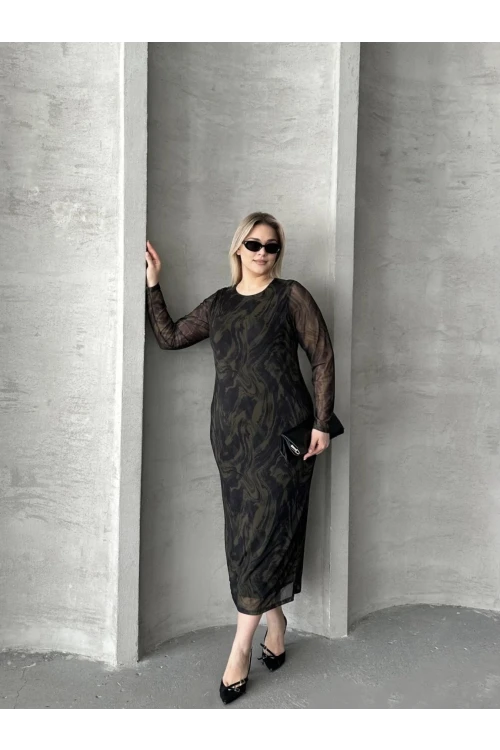 Büyük Beden Uzun Tül Kol Astarlı Mesh Midi Elbise 216292