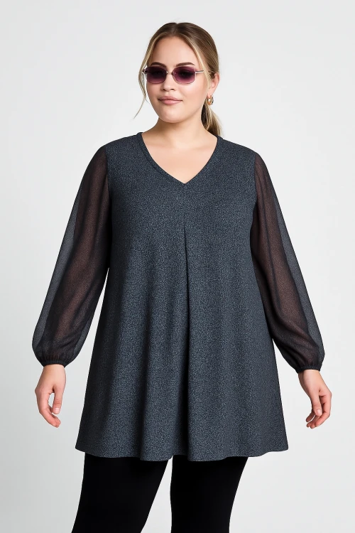 Büyük Beden Uzun Tül Kol V Yaka Bilekleri Lastikli Simli Bluz 78-132