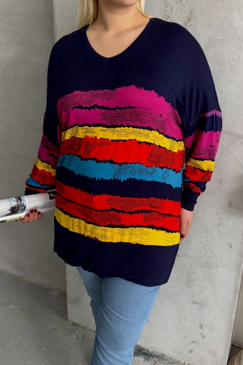 Büyük Beden V Yaka Çizgili Yanları Yırtmaçlı Uzun Kollu Bluz 303118