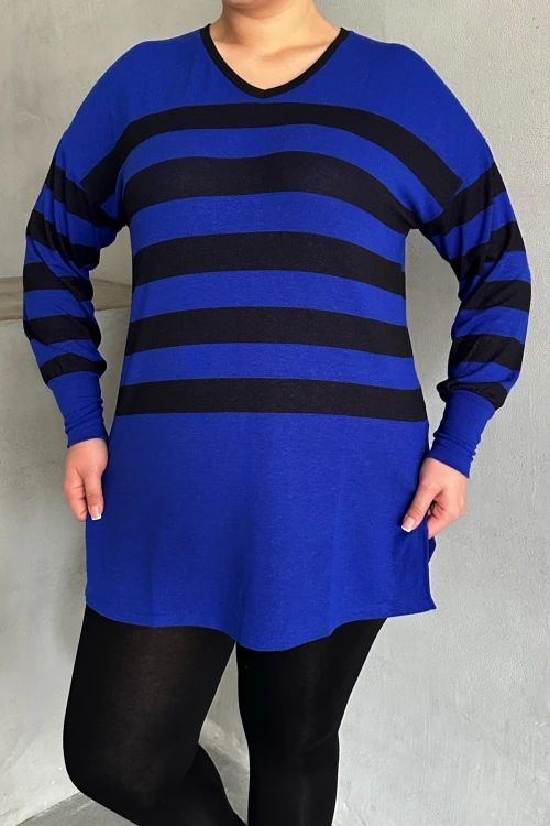 Büyük Beden V Yaka Çizgili Yırtmaç Detaylı İnce Kumaşlı Uzun Bluz 301567