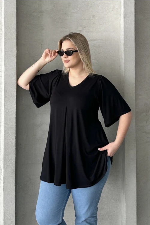 Büyük Beden V Yaka Desensiz Asimetrik Kesim Likralı Bluz 320315