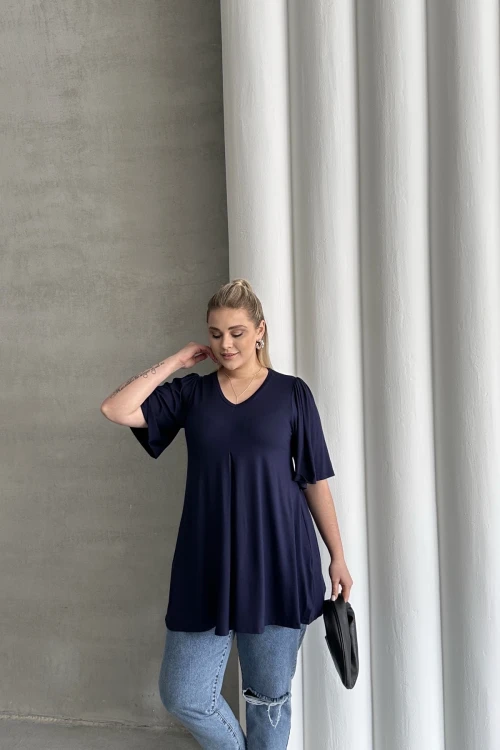 Büyük Beden V Yaka Desensiz Asimetrik Kesim Likralı Bluz MDL-6