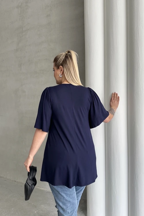 Büyük Beden V Yaka Desensiz Asimetrik Kesim Likralı Bluz MDL-6