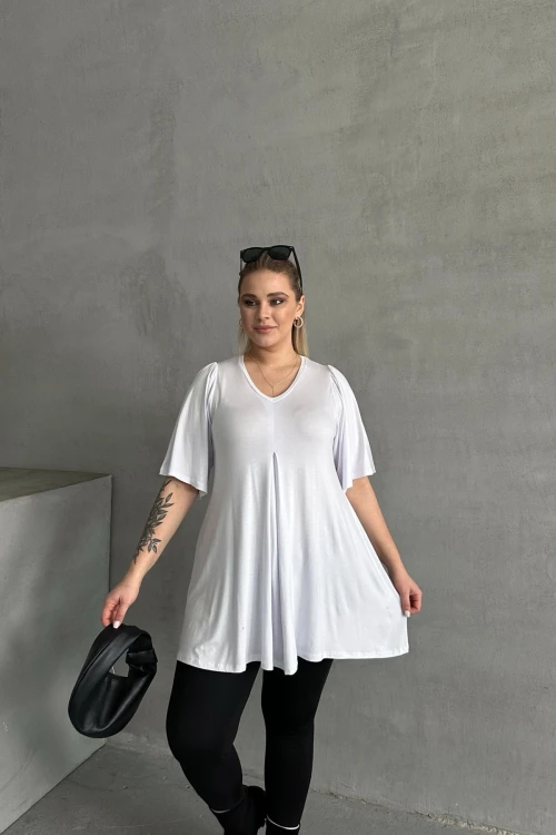 Büyük Beden V Yaka Desensiz Asimetrik Kesim Likralı Bluz MDL-2