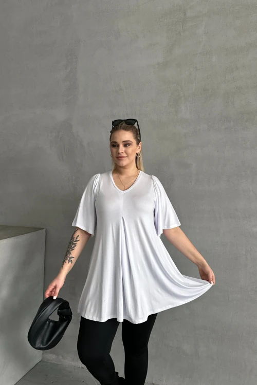 Büyük Beden V Yaka Desensiz Asimetrik Kesim Likralı Bluz MDL-2