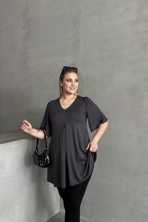 Büyük Beden V Yaka Desensiz Asimetrik Kesim Likralı Bluz MDL-3