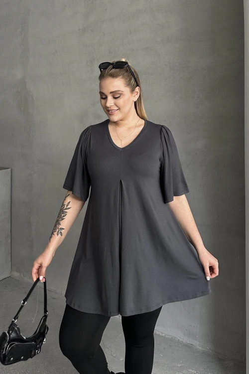 Büyük Beden V Yaka Desensiz Asimetrik Kesim Likralı Bluz MDL-3