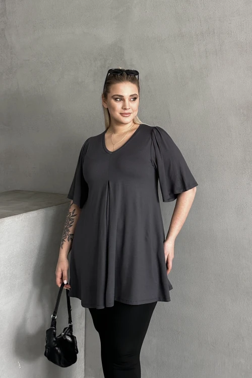 Büyük Beden V Yaka Desensiz Asimetrik Kesim Likralı Bluz MDL-3