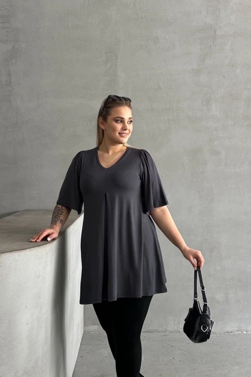 Büyük Beden V Yaka Desensiz Asimetrik Kesim Likralı Bluz MDL-3