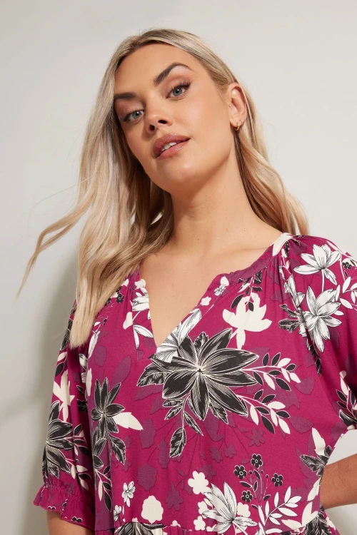 Büyük Beden V Yaka Kısa Kollu Çiçek Desenli Mini Elbise 304079