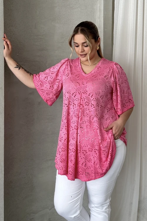 Büyük Beden V Yaka Kısa Kollu Dantel Detaylı Astarsız Bluz 302956