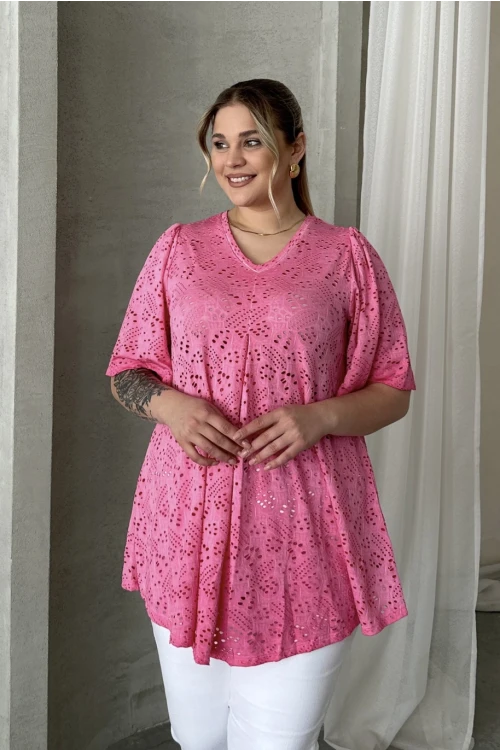 Büyük Beden V Yaka Kısa Kollu Dantel Detaylı Astarsız Bluz 302956