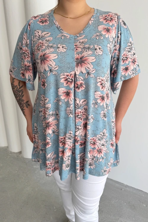 Büyük Beden V Yaka Kısa Kollu Eteği Bollaşan Desenli Bluz 101-44