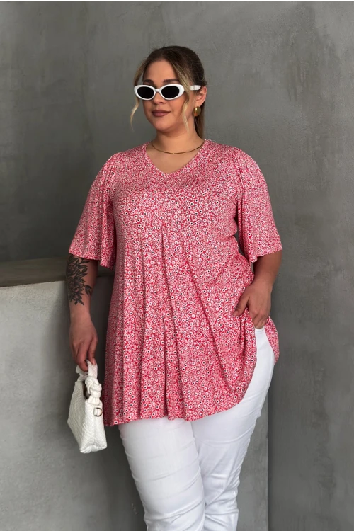 Büyük Beden V Yaka Kısa Kollu Eteği Bollaşan Desenli Bluz 98-5