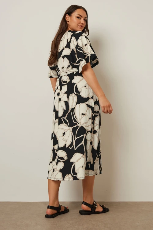 Büyük Beden V Yaka Kısa Kollu Önü Bağlamalı Anvelop Midi Elbise 304069