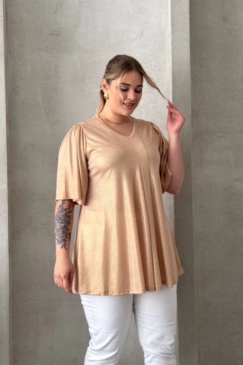 Büyük Beden V Yaka Kısa Kollu Parlak Görünümlü Bluz 303718