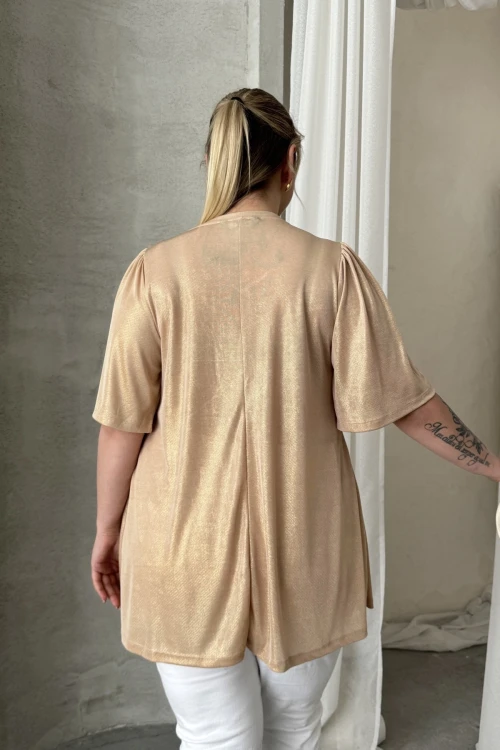 Büyük Beden V Yaka Kısa Kollu Parlak Görünümlü Bluz 303718