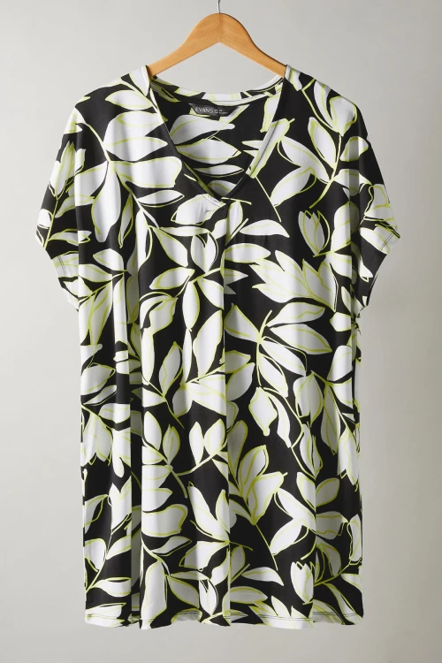 Büyük Beden V Yaka Kısa Kollu Yaprak Desenli Bluz 615244