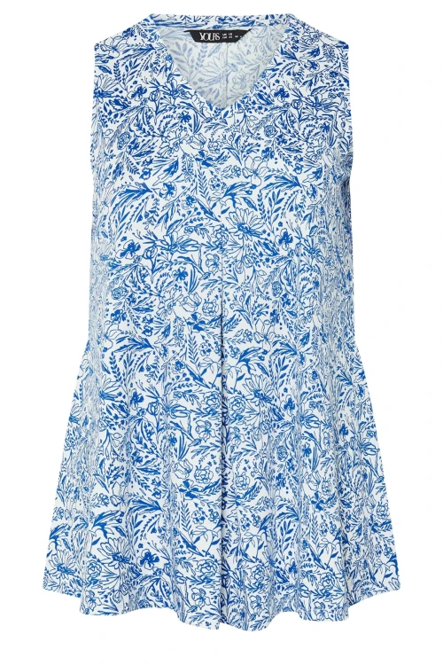 Büyük Beden V Yaka Önü Pileli Kolsuz Çiçek Desenli T-shirt 322684