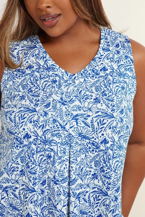 Büyük Beden V Yaka Önü Pileli Kolsuz Çiçek Desenli T-shirt 322684