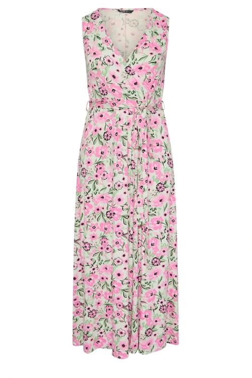 Büyük Beden V Yaka Sıfır Kol Beli Kuşaklı Desenli Maxi Elbise 303990