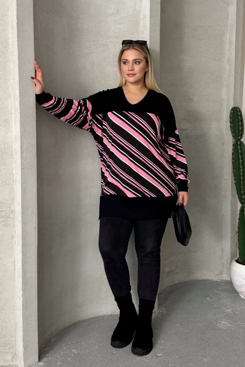 Büyük Beden V Yaka Uzun Kollu Bileği Lastikli Yırtmaçlı Bluz 303086