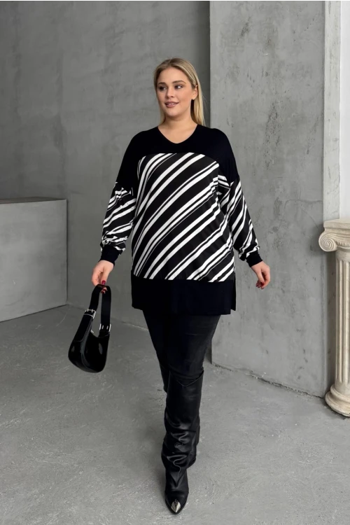 Büyük Beden V Yaka Uzun Kollu Bileği Lastikli Yırtmaçlı Bluz 303085