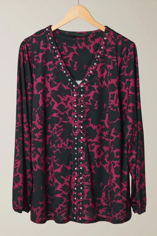 Büyük Beden V Yaka Uzun Kollu Taş Detaylı Desenli Bluz 615713