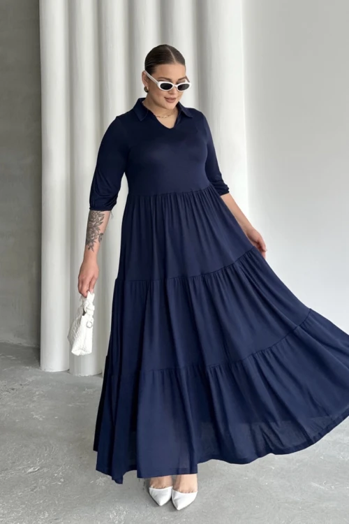 Büyük Beden V Yaka Yarım Kollu Beli Lastikli Uzun Elbise T44