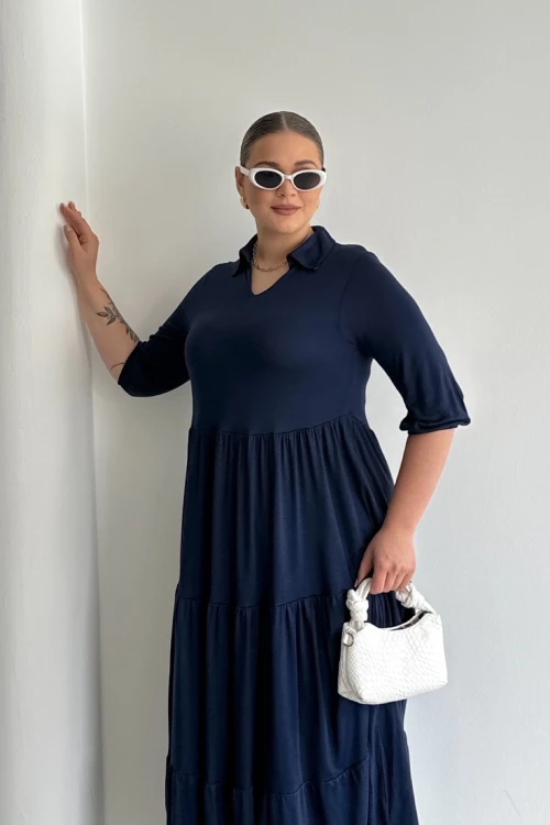 Büyük Beden V Yaka Yarım Kollu Beli Lastikli Uzun Elbise T44