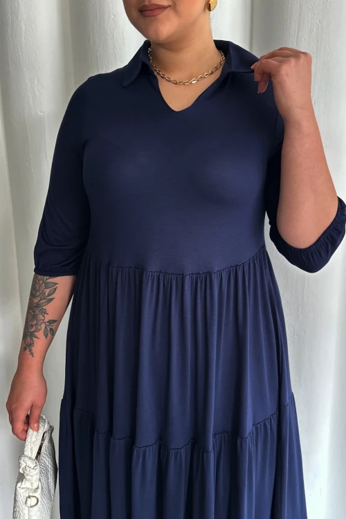 Büyük Beden V Yaka Yarım Kollu Beli Lastikli Uzun Elbise T44