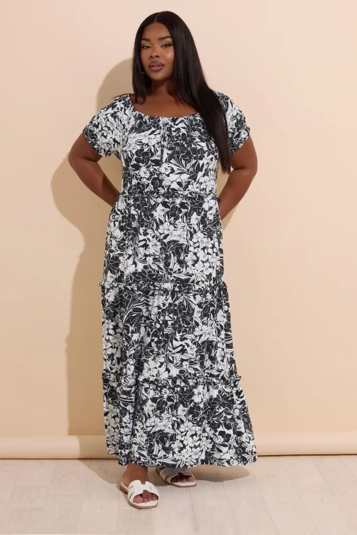 Büyük Beden Yakası Büzgülü Beli Lastikli Uzun Elbise 270238