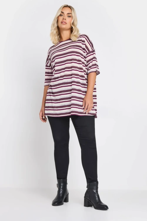 Büyük Beden Yanları Yırtmaçlı Kısa Kollu Bisiklet Yaka Çizgili T-shirt 303668