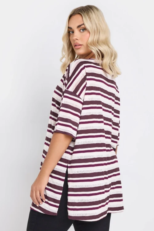 Büyük Beden Yanları Yırtmaçlı Kısa Kollu Bisiklet Yaka Çizgili T-shirt 303668