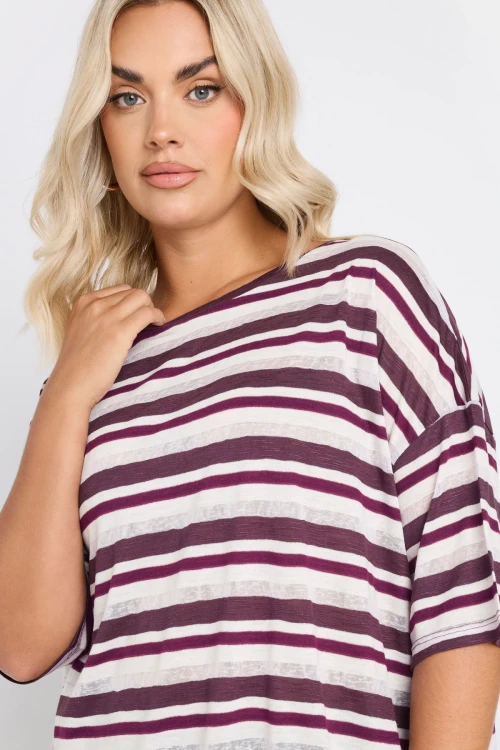 Büyük Beden Yanları Yırtmaçlı Kısa Kollu Bisiklet Yaka Çizgili T-shirt 303668