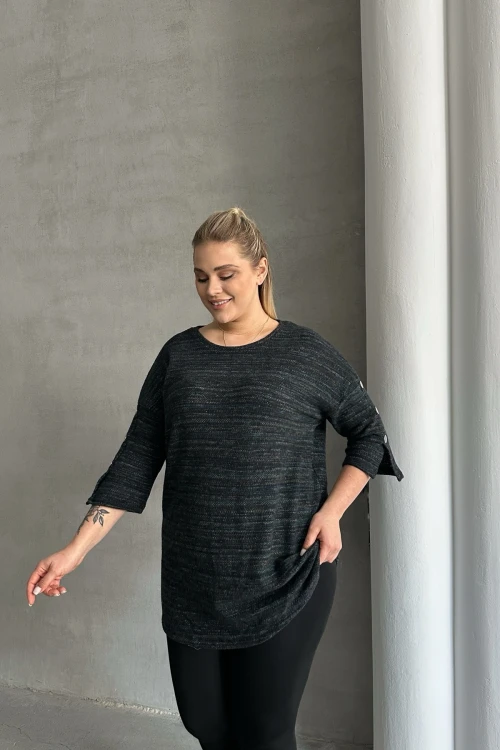 Büyük Beden Yarım Kollu Bisiklet Yaka Düğme Detaylı Kırçıllı Kazak 303691