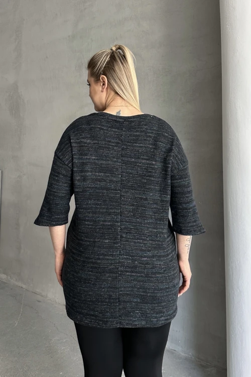 Büyük Beden Yarım Kollu Bisiklet Yaka Düğme Detaylı Kırçıllı Kazak 303691