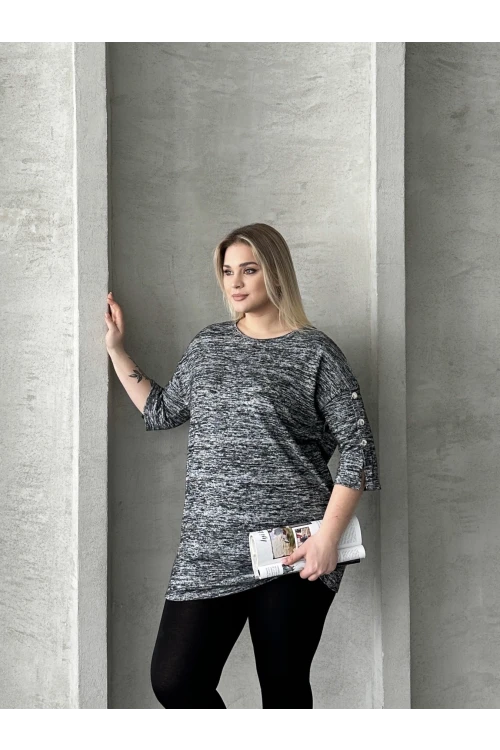 Büyük Beden Yarım Kollu Düğme Detaylı Yumuşak Dokulu Kazak 302987