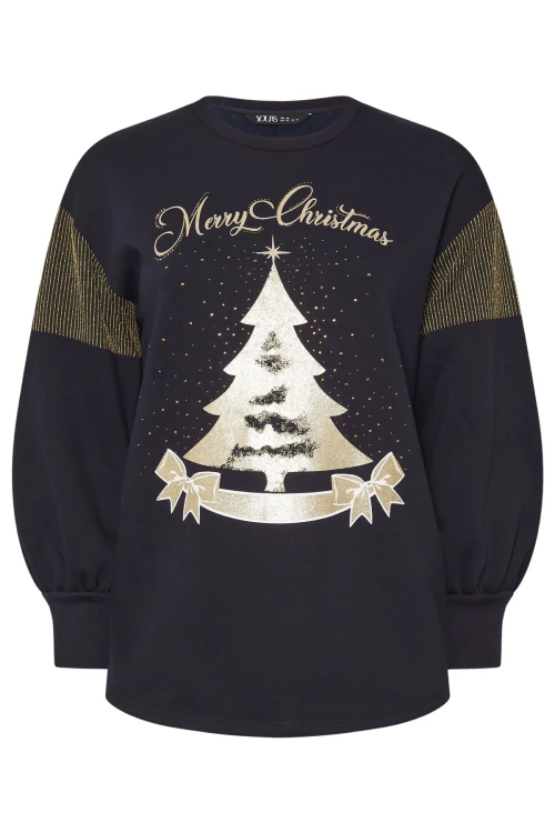 Büyük Beden Yılbaşı Temalı Bisiklet Yaka Uzun Balon Kollu Sweatshirt 303750