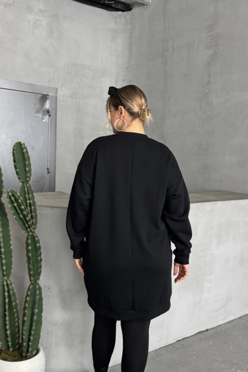 Büyük Beden Yılbaşı Temalı Bisiklet Yaka Uzun Kollu Cepli Sweatshirt Elbise 303827