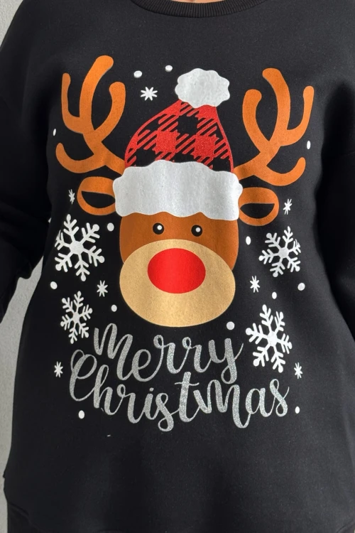 Büyük Beden Yılbaşı Temalı Bisiklet Yaka Uzun Kollu Sweatshirt 303817