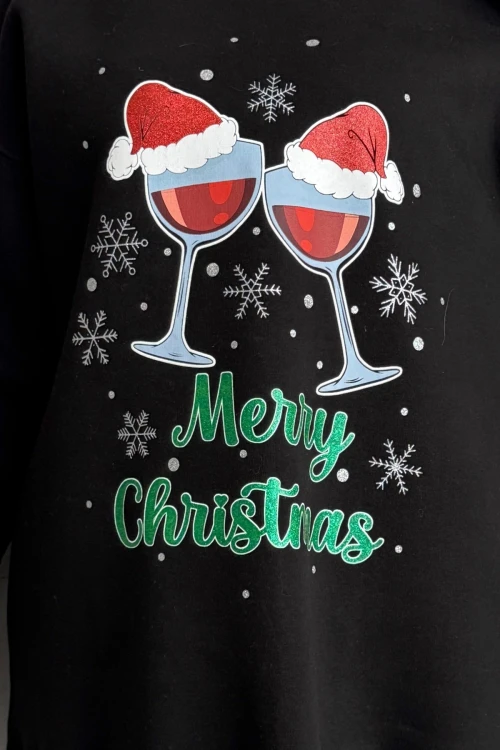 Büyük Beden Yılbaşı Temalı Bisiklet Yaka Uzun Kollu Sweatshirt 303819