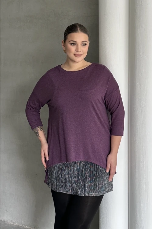 Büyük Beden Eteği Tül Detaylı Uzun Kollu İnce Bluz 84-106