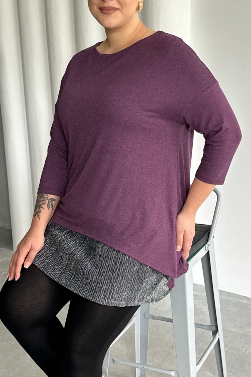 Büyük Beden Eteği Tül Detaylı Uzun Kollu İnce Bluz 84-106