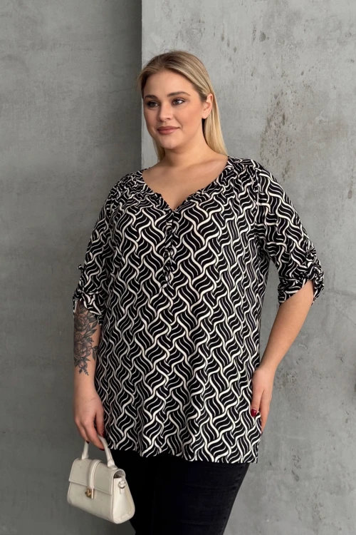 Büyük Beden V Yaka Önü Düğmeli Kolları Katlama Detaylı Likralı Bluz 1016