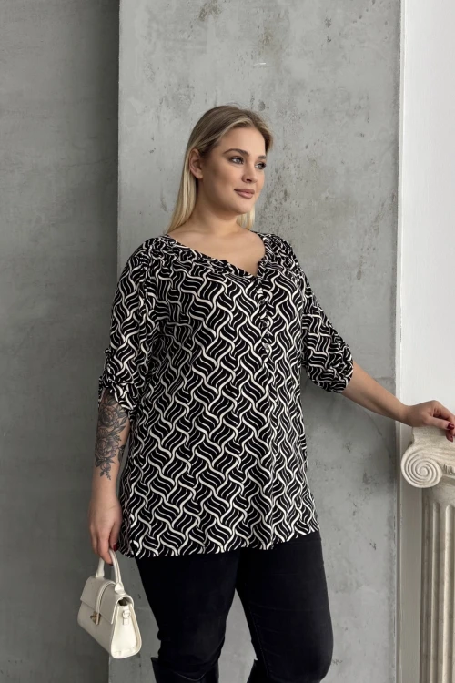 Büyük Beden V Yaka Önü Düğmeli Kolları Katlama Detaylı Likralı Bluz 1016